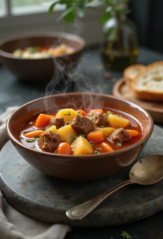 Supă gulaș tradițională cu bucăți bogate de carne și legume, condimentată cu paprică roșie.