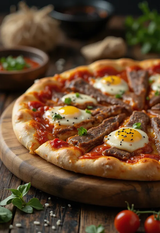 Pizza coreeană cu carne de vită Bulgogi servită