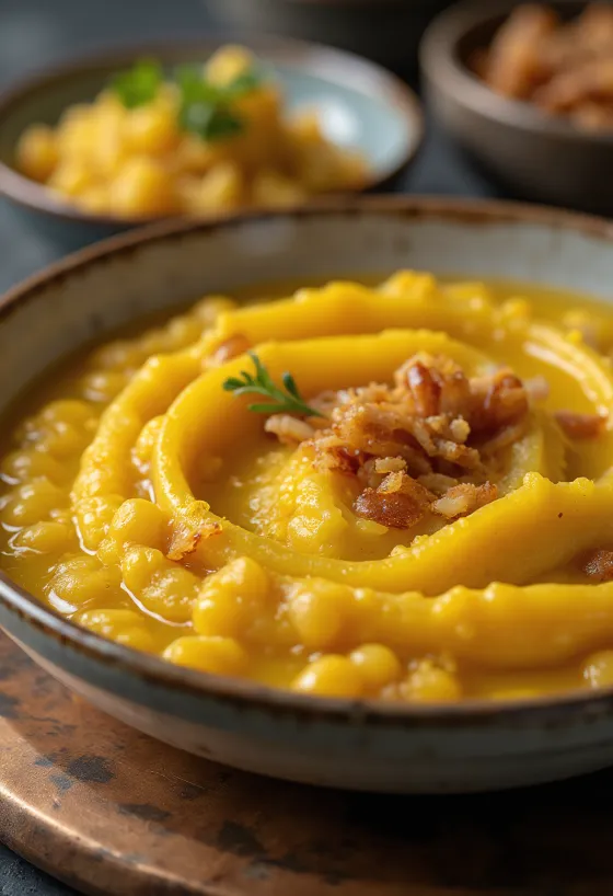 Mâncare de mazăre galbenă cu pătrunjel proaspăt și topping crocant