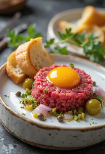 Biftec Tartar servit cu gălbenuș de ou și pâine prăjită