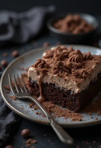 Tres leches cu ciocolată, pandișpan îmbibat cu lapte pe farfurie albă