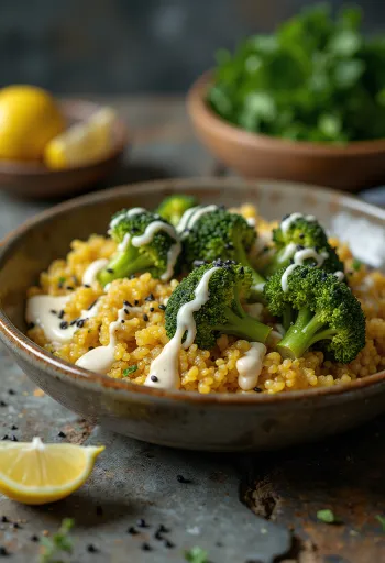 Buddha bowl cu quinoa, broccoli, curry și tahini cu lime servit