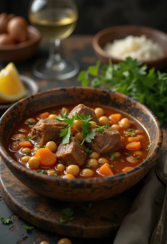 Harira cu carne de miel, supă condimentată servită cu coriandru proaspăt