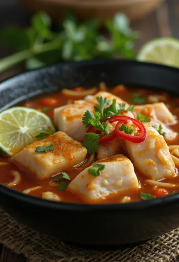 Laksa tambelan, supă pe bază de cocos și tamarind cu carne de pește, tăiței și legume proaspete.