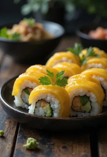 Oshizushi cu tamago, orez sushi și omletă de ou, servit într-un bol