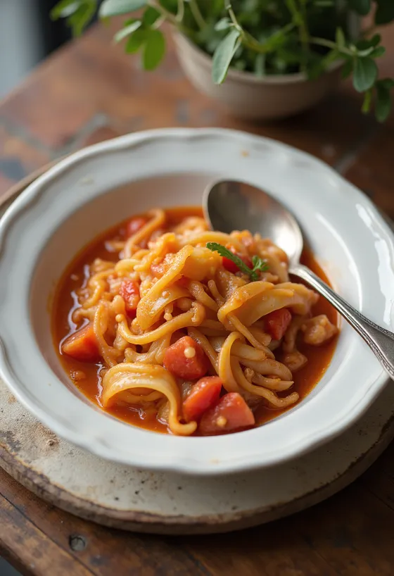 Varză cu roșii servită cu mărar proaspăt și chiftele suculente.