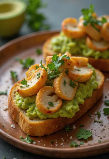 Tostón cu pui, cu guacamole de avocado, servit pe pâine prăjită