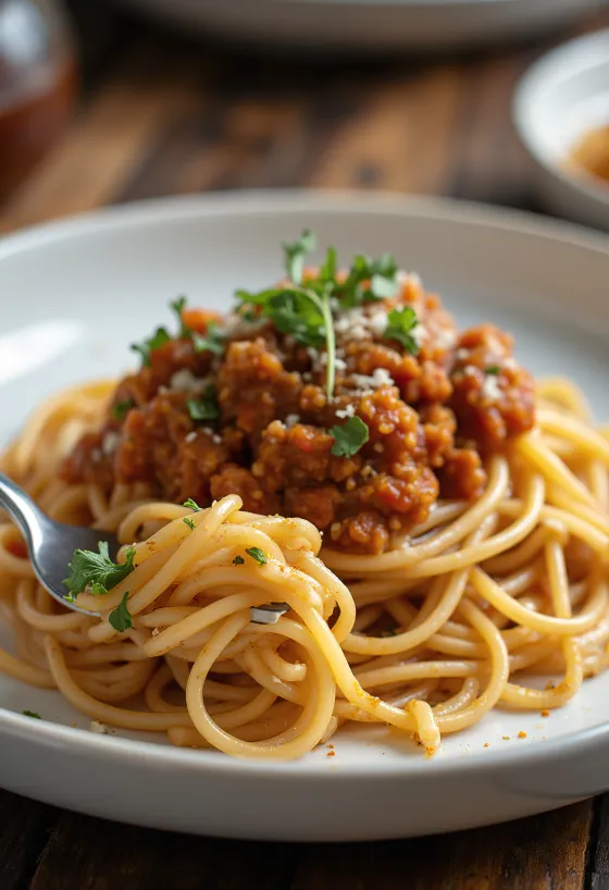 Spaghete bologneze vegane servite cu pătrunjel proaspăt