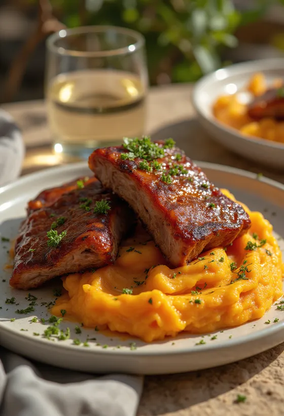 Coaste BBQ cu cartofi dulci servite