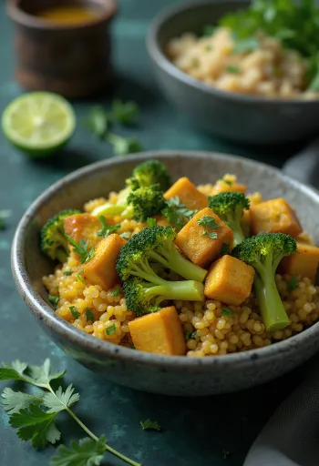 Buddha bowl cu quinoa, broccoli, curry și tofu cu lime servit