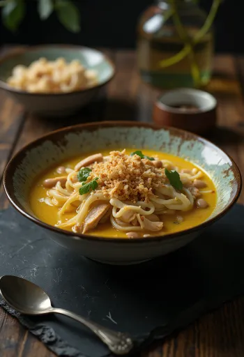 Laksa Tangerang, supă de pui cu cocos, tăiței de orez și condimente proaspete