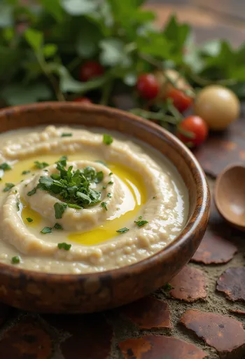 Sos Tahini cu mentă într-un bol, decorat cu mentă proaspătă.