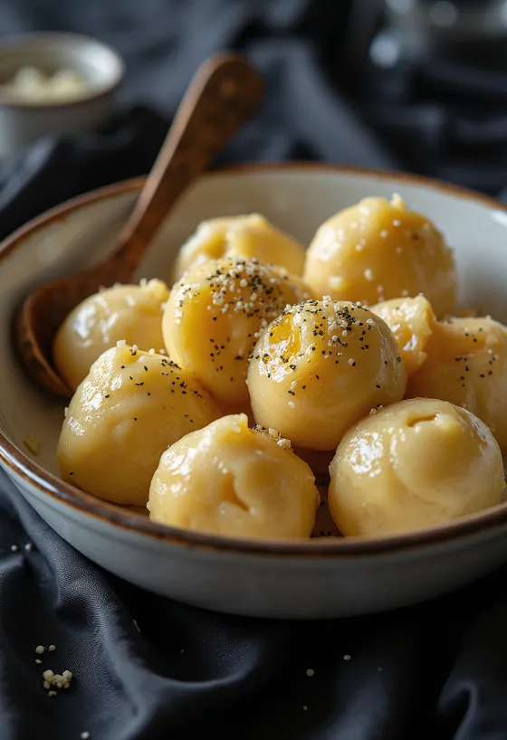 Knödel german găluște de pâine servite cu sos brun