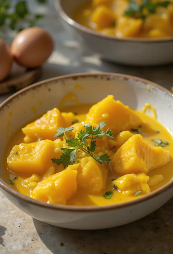 Curry de vinete cu cartof dulce servit