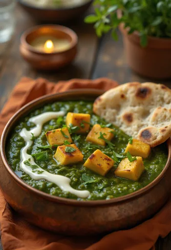 Palak Paneer cu Garam Masala, o mâncare indiană în sos bogat de spanac și cuburi de paneer condimentate
