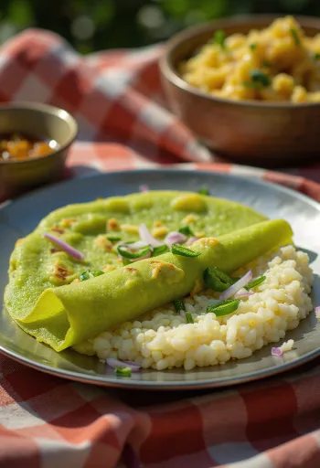 Pesarattu upma proaspătă, prăjită crocant, servită cu umplutură de upma condimentată