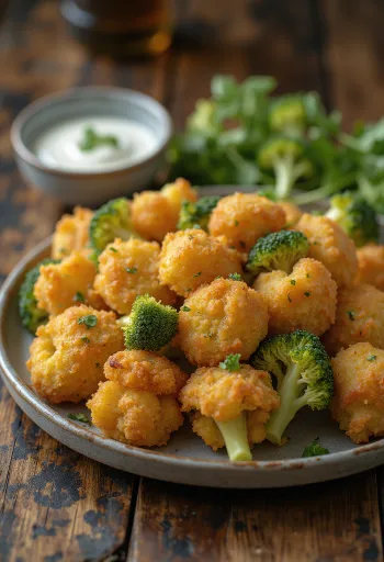 Broccoli pane crocant prăjit auriu, servit pe o farfurie cu felii proaspete de lămâie