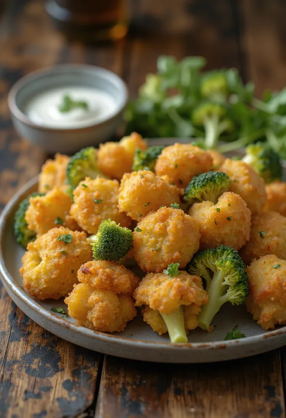Broccoli pane crocant prăjit auriu, servit pe o farfurie cu felii proaspete de lămâie