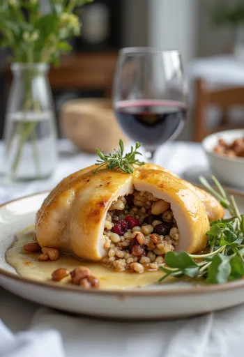 Prepeliță umplută cu orez sălbatic servită pe farfurie