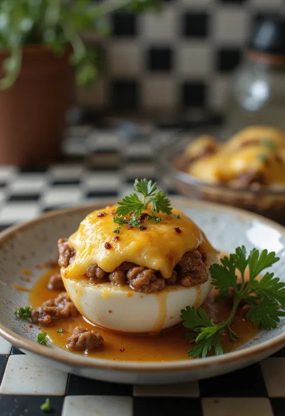 Vinete umplute cu brânză crocantă deasupra, presărate cu verdeață proaspătă