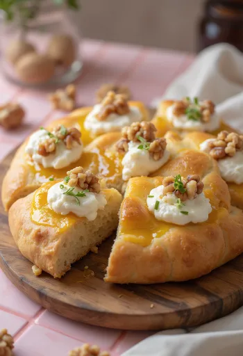 Focaccia cu cremă de nuci și brânză de capră servită