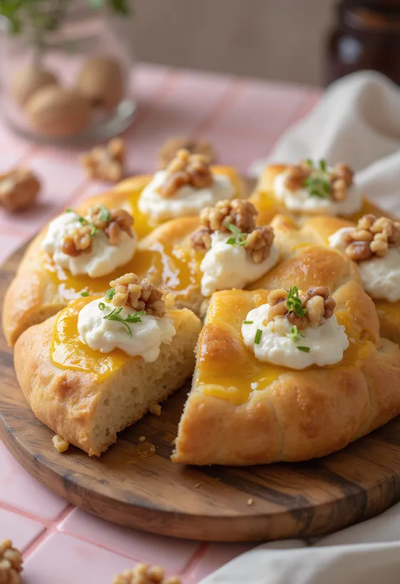 Focaccia cu cremă de nuci și brânză de capră servită