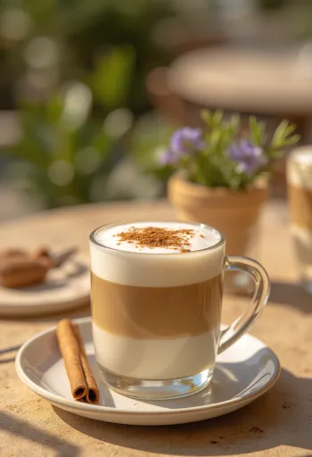 Băutură de cafea decorată cu baton de scorțișoară și mentă