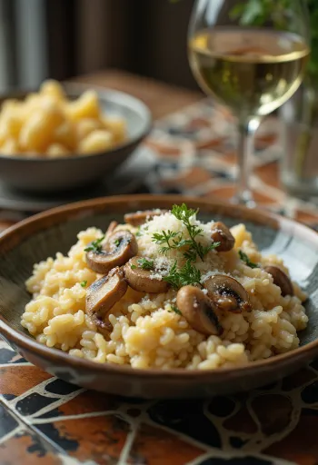 Risotto cu ciuperci servit cu ierburi proaspete și parmezan