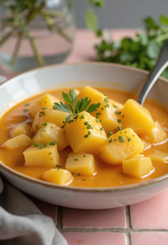 Mâncare de cartofi clasică cu îngroșeală de smântână și decorată cu pătrunjel proaspăt.