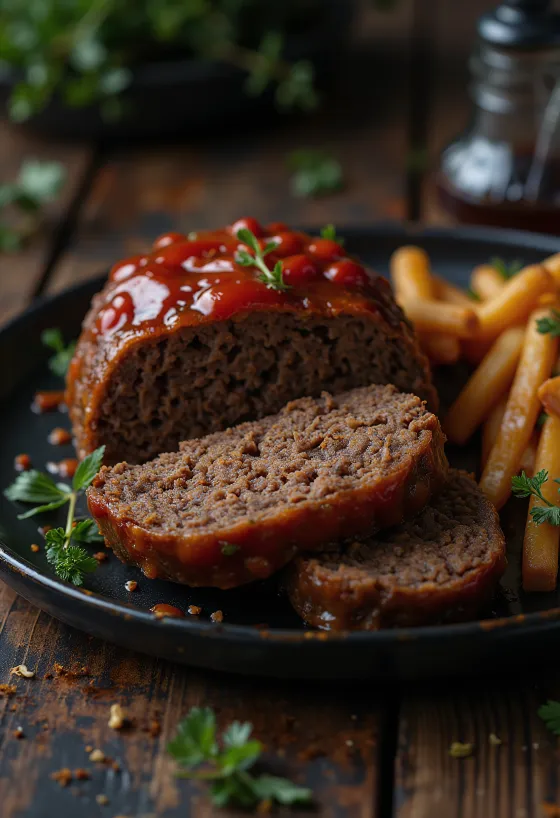 Chiftea de elan la cuptor (Meatloaf) servită cu piure de cartofi și legume.