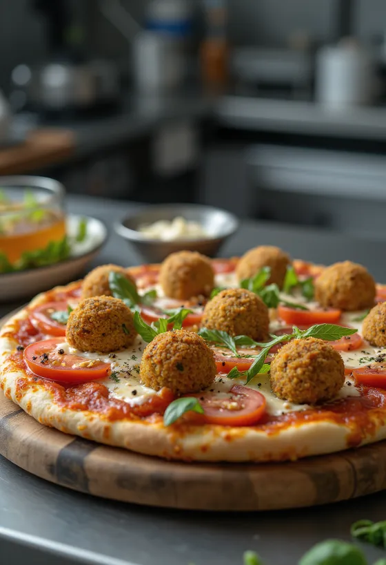 Pizza cu falafel, bile de năut prăjite și sos tahini