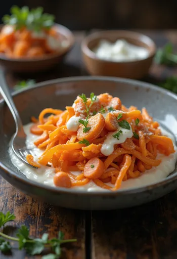 Salată prebiotică de morcovi cu iaurt servită, cu morcovi rași și pătrunjel proaspăt