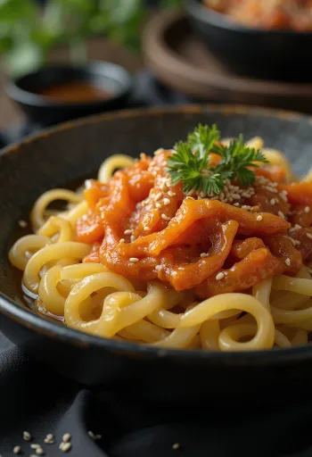 Takuan cu kimchi, mâncare coreeană, combinație de ridiche murată și kimchi condimentat cu coriandru proaspăt