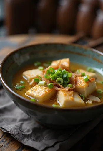 Bol cu supă fierbinte sujebi, tăieței neregulați și cuburi de tofu