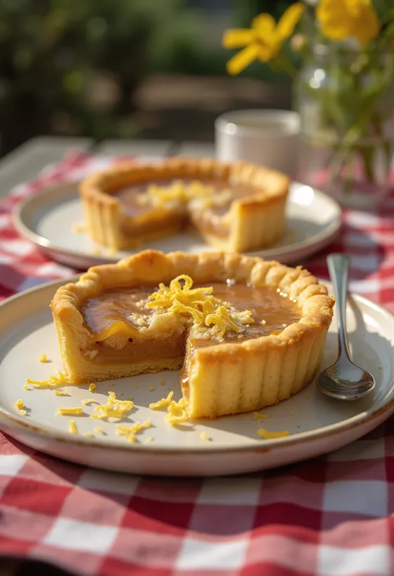 Tarta Treacle cu umplutură de caramel, feliată, servită cu sirop proaspăt de caramel