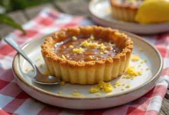 Tarta Treacle cu umplutură de caramel, feliată, servită cu sirop proaspăt de caramel