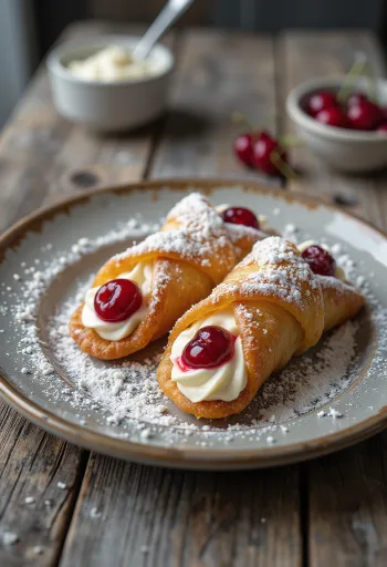 Cannoli cu aluat crocant, decorat cu cireșe confiate, umplut cu cremă de ricotta