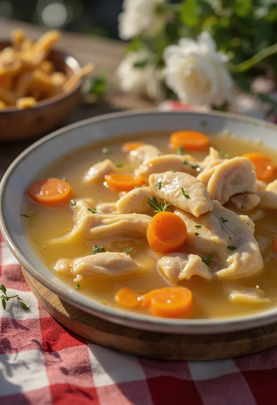 Supă fierbinte de pui cu legume și tăiței fini