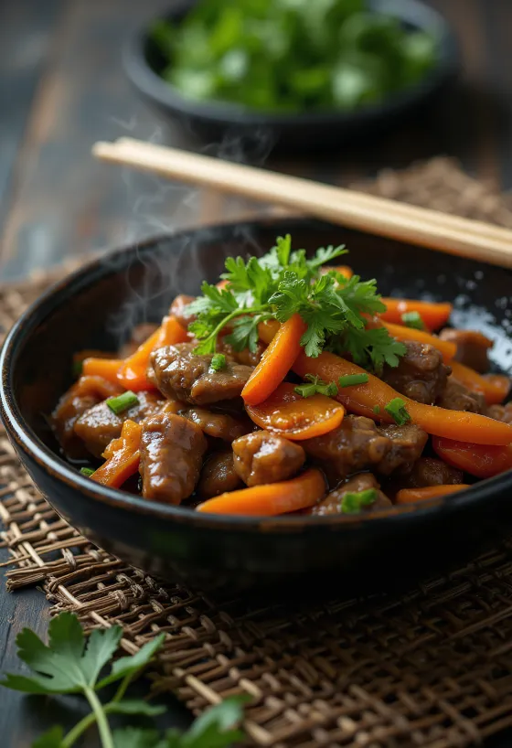 Vită cu ghimbir la wok servită cu legume