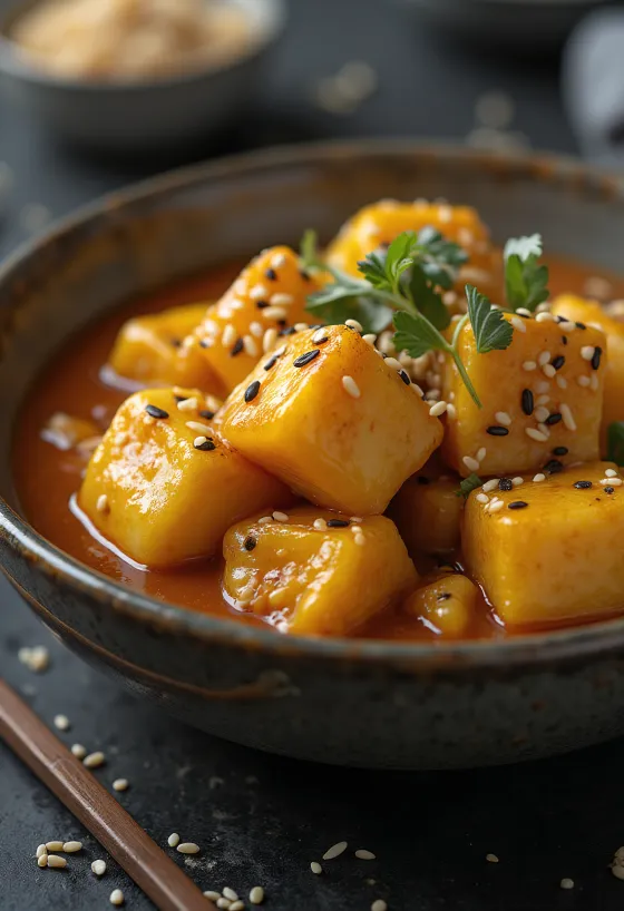 Tocăniță de vinete cu susan servită