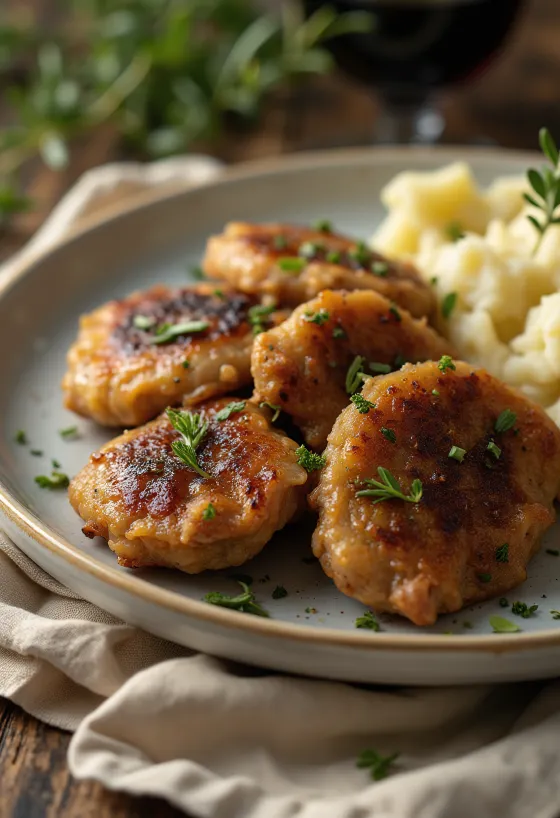 Ficăței de pui prăjiți crocant, serviți cu pâine proaspătă și ceapă roșie