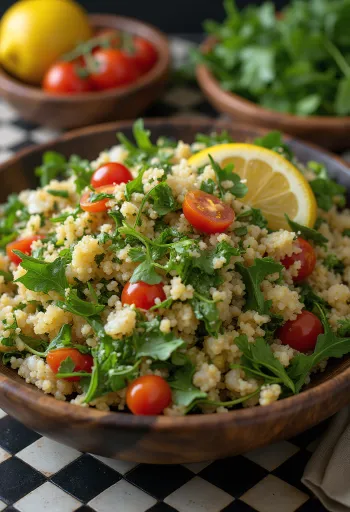 Tabbouleh cu lămâie, servit cu legume proaspete