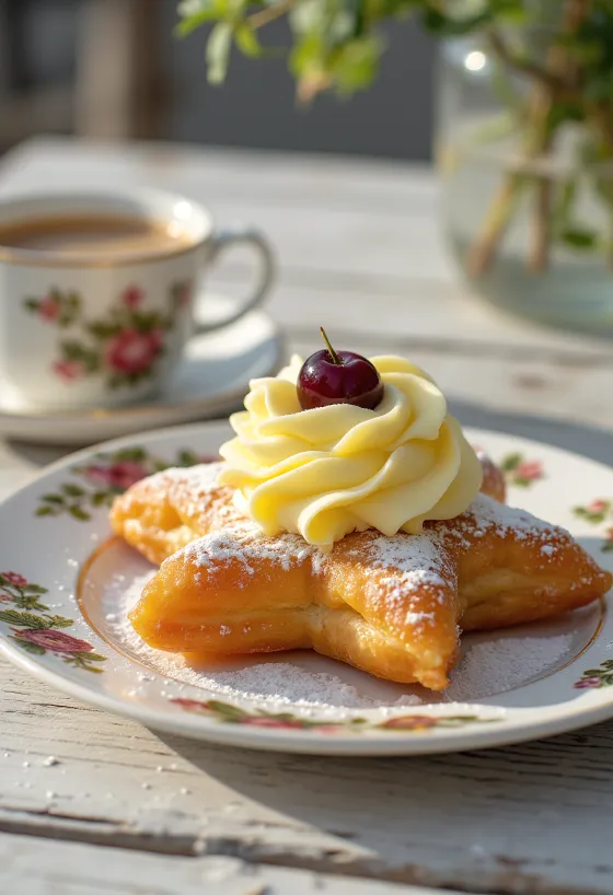 Zeppole di San Giuseppe, umplute cu cremă de vanilie și cireșe, pudrate cu zahăr