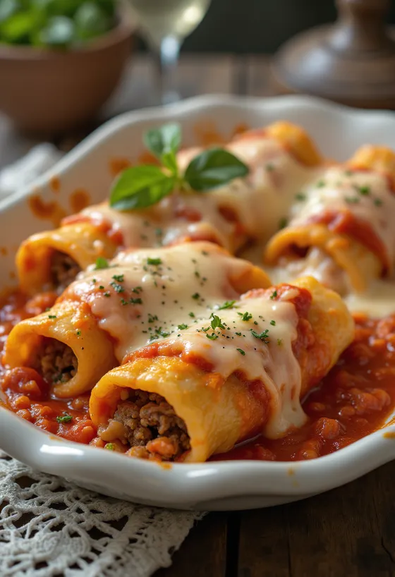 Cannelloni cu carne servite cu sos de roșii și brânză topită