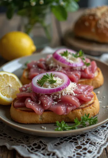 Smørrebrød cu friptură de vită și hrean, servit cu somon afumat și pătrunjel proaspăt