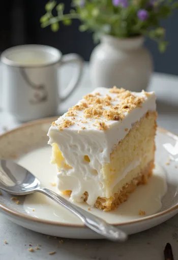 Tres leches cu lapte, pandișpan îmbibat cu lapte pe o farfurie albă