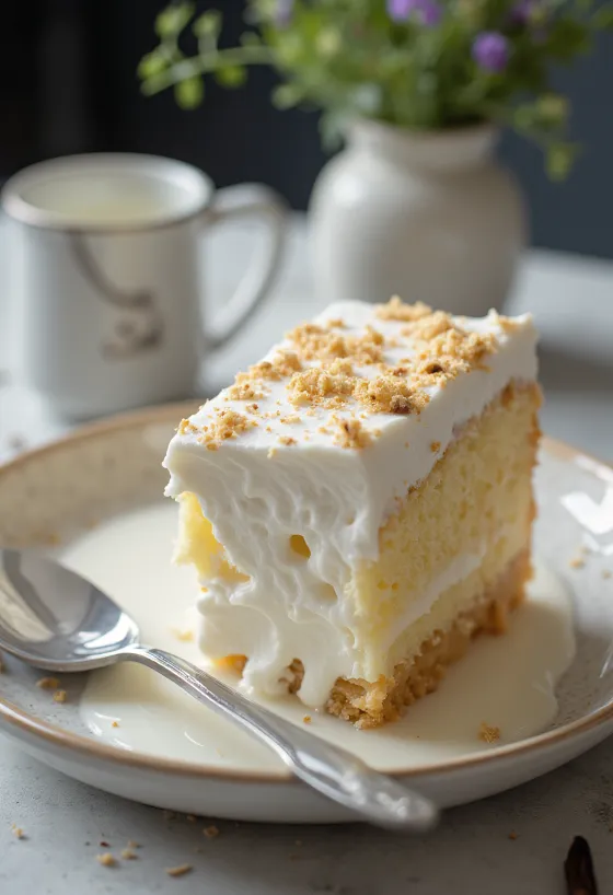Tres leches cu lapte, pandișpan îmbibat cu lapte pe o farfurie albă