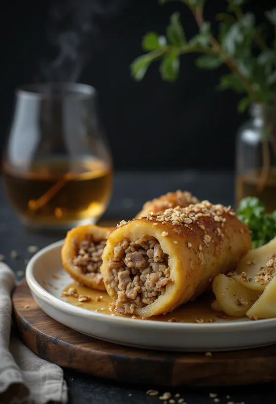 Haggis servit cu cartofi fierți și nap