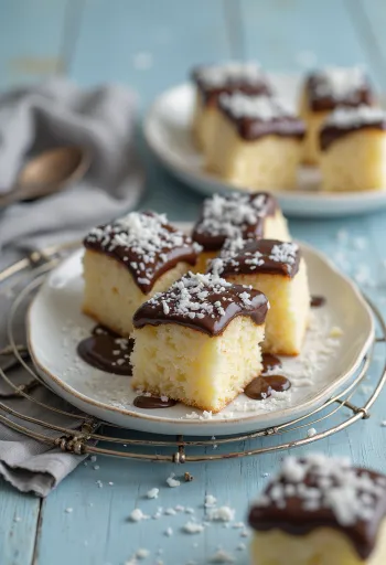 Prăjitură tăvălită cu cocos cu glazură de ciocolată și fulgi de cocos