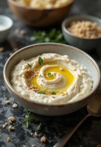 Cremă de vinete cu sos tahini servită